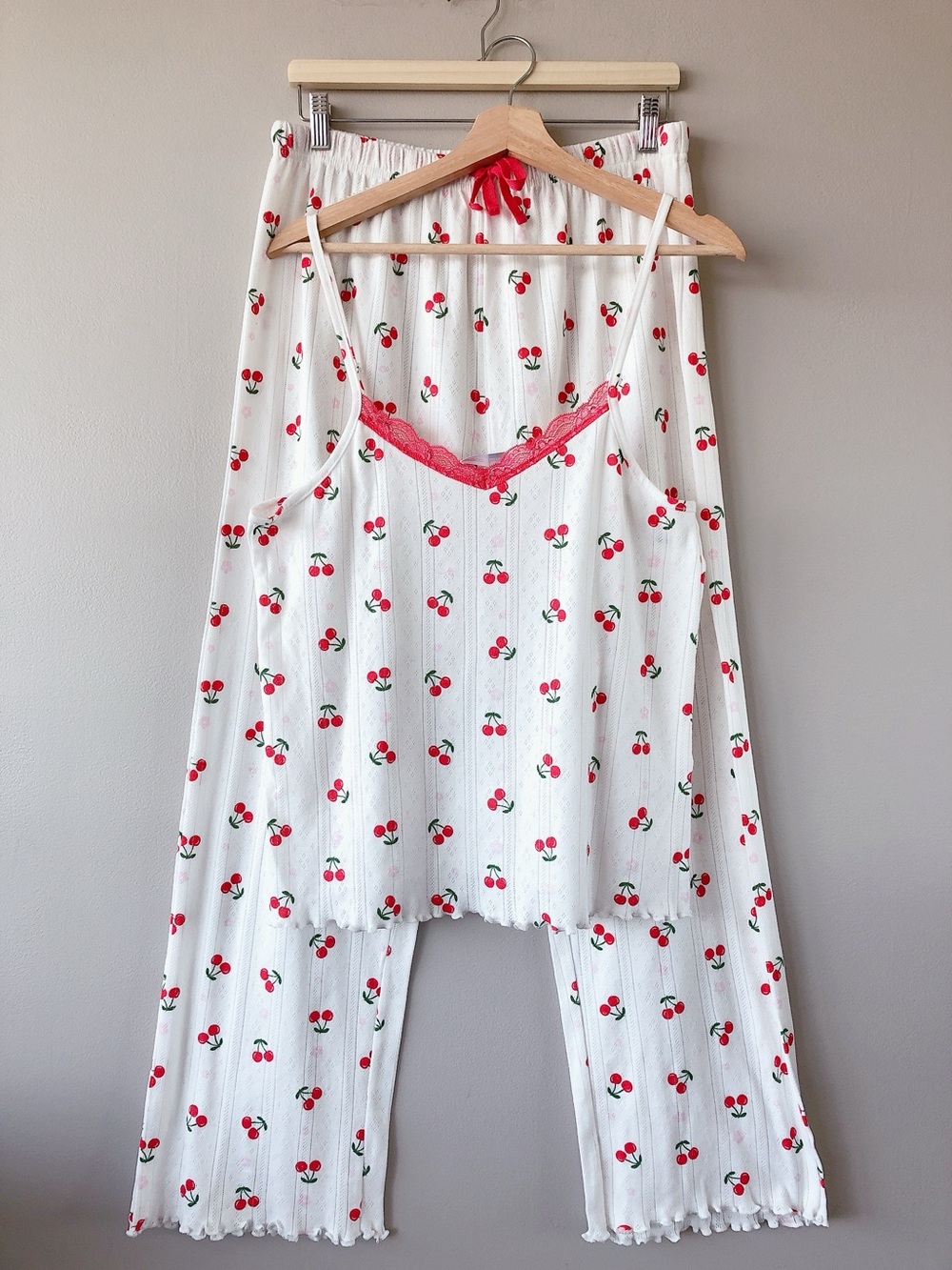 Cherry-Print Lace Trim Pajama Set Intimates 100% cotton PJ white